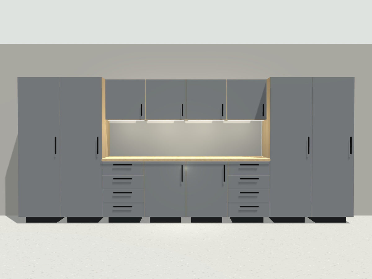 Front view of the 16 ft garage cabinet bay: lockers, tall cabinets, drawer bases, workbench and wall cabinets
