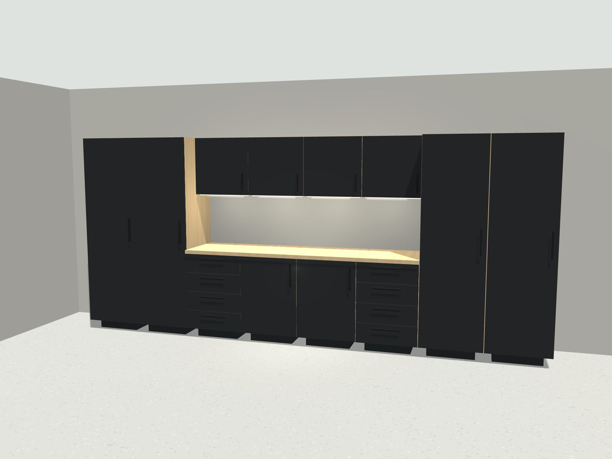 16 ft full bay garage cabinet system in black with maple workbench and LED lighting