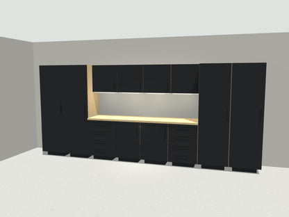 16 ft full bay garage cabinet system in black with maple workbench and LED lighting
