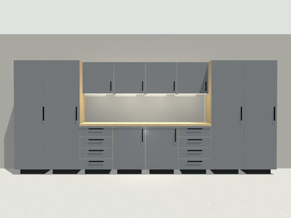 Front view of the 16 ft garage cabinet bay: lockers, tall cabinets, drawer bases, workbench and wall cabinets