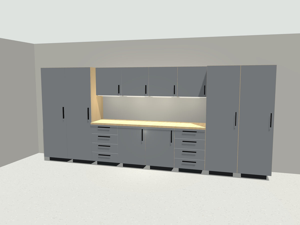 16 ft full bay garage cabinet system in gray with maple workbench, lockers and LED lighting
