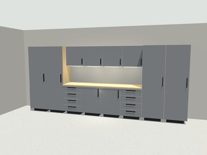 16 ft full bay garage cabinet system in gray with maple workbench, lockers and LED lighting