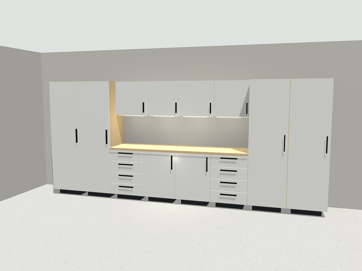 16 ft full bay garage cabinet system in white with maple workbench and LED lighting