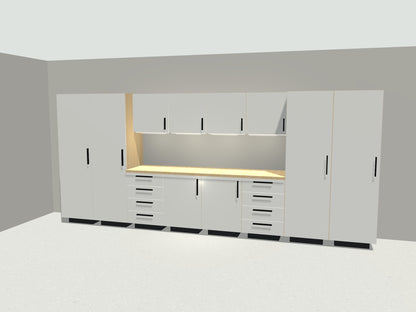 16 ft full bay garage cabinet system in white with maple workbench and LED lighting