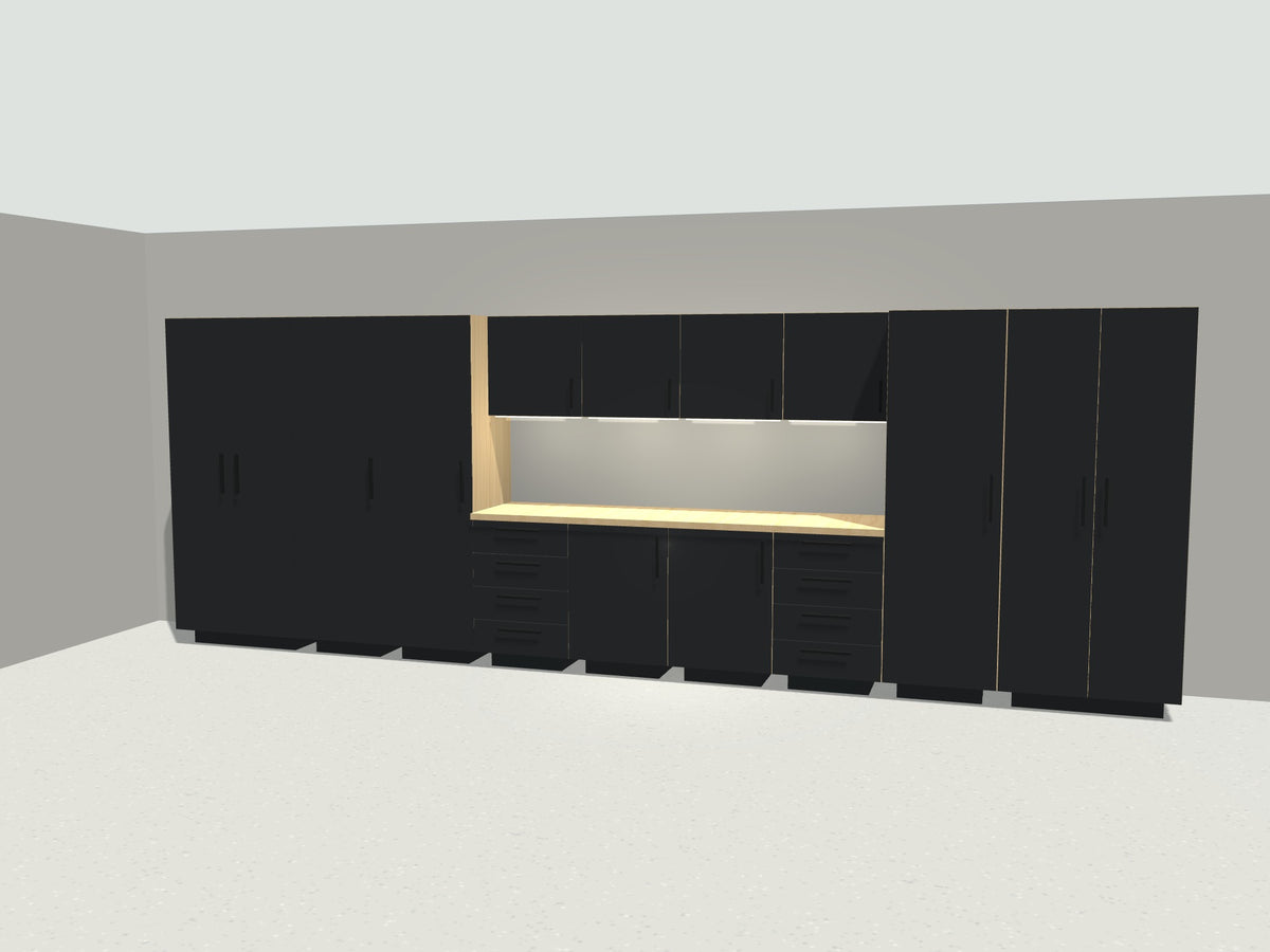 20 ft full wall garage cabinet system in black with maple workbench and LED lighting