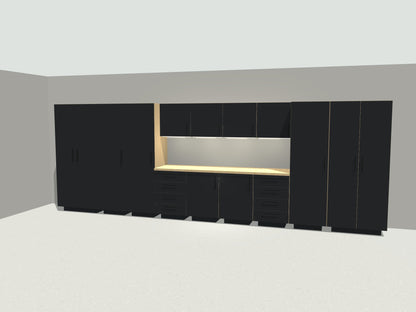 20 ft full wall garage cabinet system in black with maple workbench and LED lighting