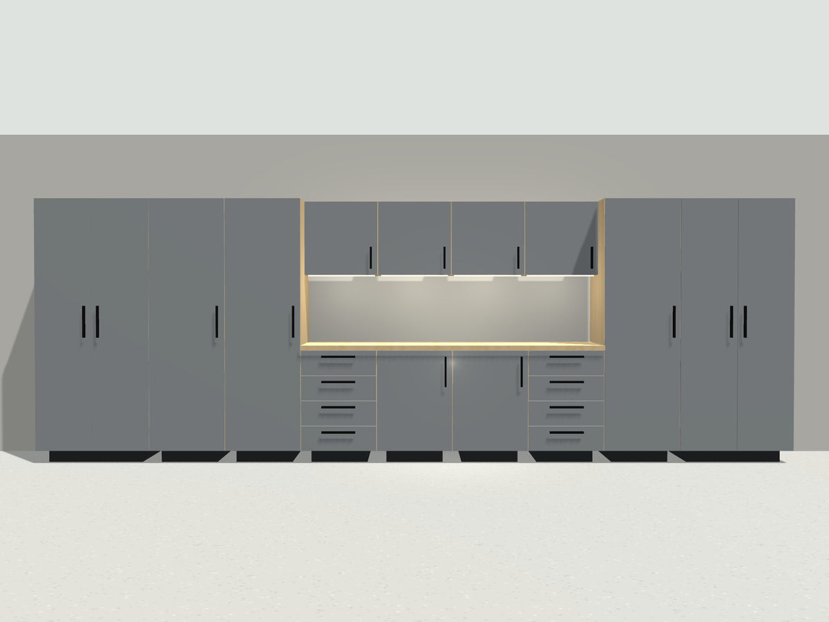 Front view of the 20 ft garage cabinet wall: tall cabinets, lockers, drawer bases, workbench and wall cabinets