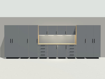 Front view of the 20 ft garage cabinet wall: tall cabinets, lockers, drawer bases, workbench and wall cabinets