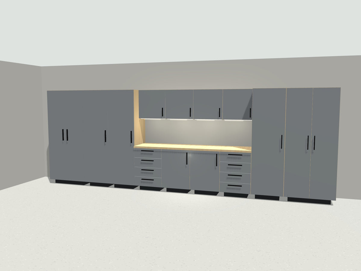 20 ft full wall garage cabinet system in gray with maple workbench, lockers and LED lighting