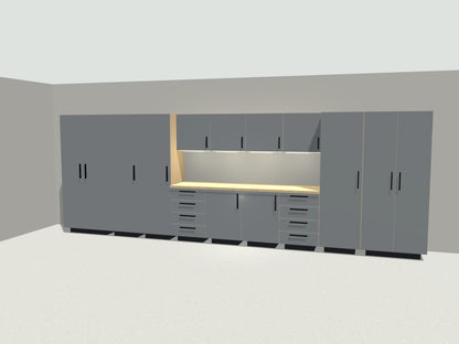 20 ft full wall garage cabinet system in gray with maple workbench, lockers and LED lighting