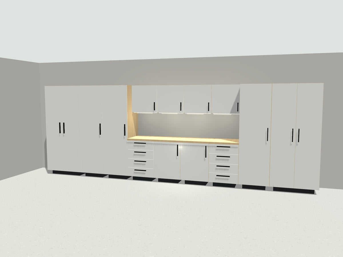 20 ft full wall garage cabinet system in white with maple workbench and LED lighting