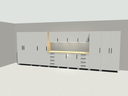 20 ft full wall garage cabinet system in white with maple workbench and LED lighting